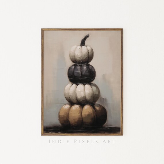 Stacked Pumpkin Topiary in White Black and Tan Halloween Wall Art