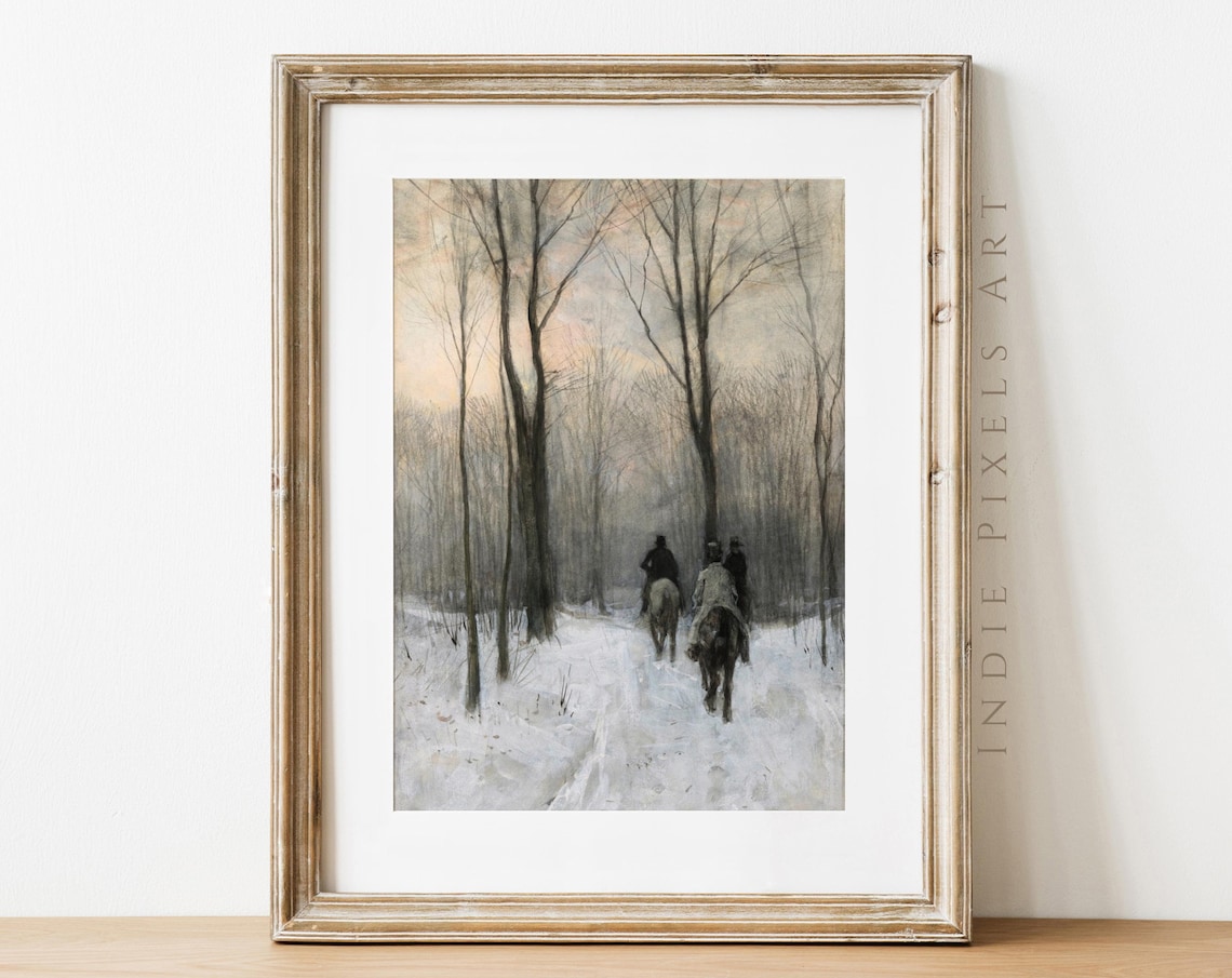 Vintage Horseback Riders in Snowy Forest Winter Landscape Poster