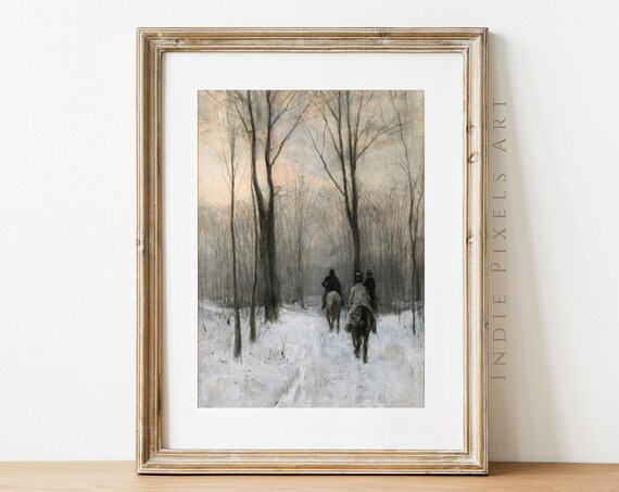 Winter Prints Wall Art Vintage Oil Painting Winter Riders Landscape Art Moody Rustic Cottage Winter Decor Moody Farmhouse Decor
