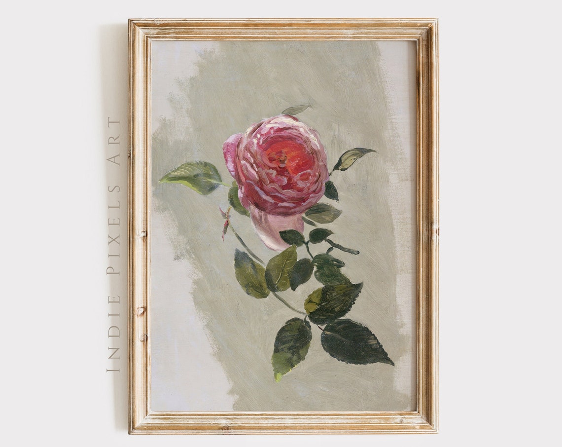 Rose Vintage Muted French Still Life Painting Pink Rose Botanical Farmhouse Girls Room Decor Floral Nursery Fine Art