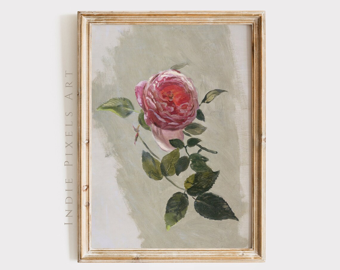 Vintage Pink Rose Botanical Still Life Painting Floral Art Print