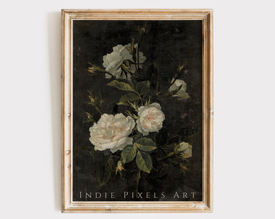 Moody White Roses Oil Painting Dark Floral Still Life Art Poster