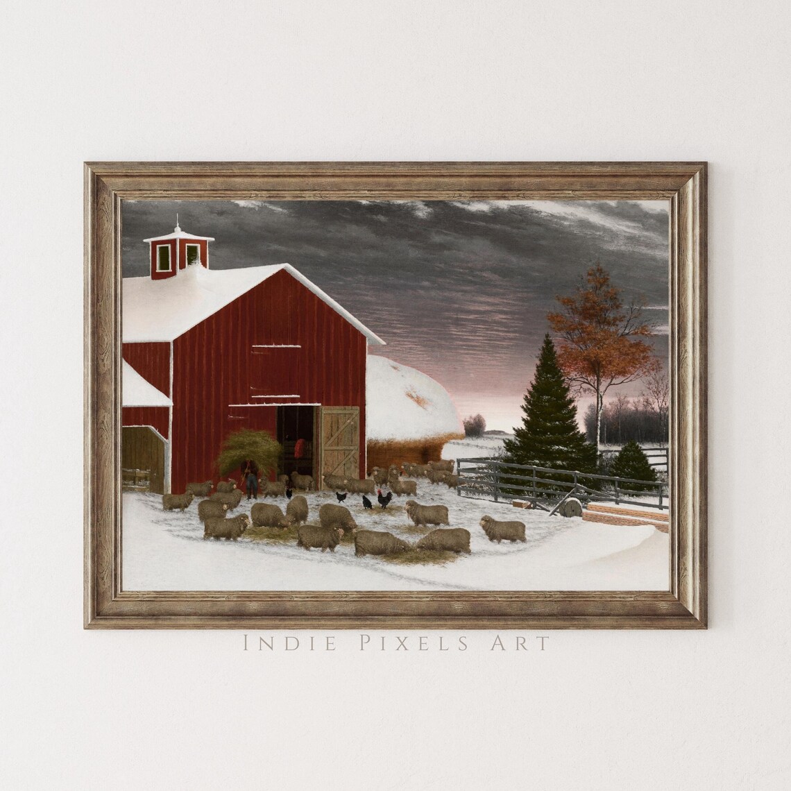 Vintage Red Barn Snowy Winter Sheep Flock Farm Folk Art Painting Print