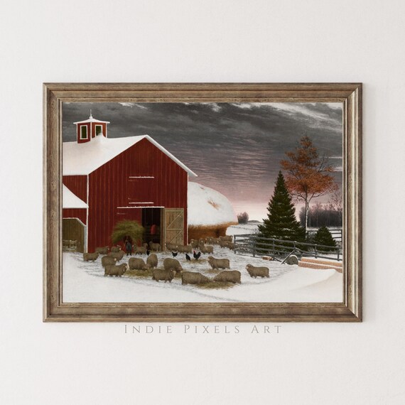 Vintage Red Barn Snowy Winter Sheep Flock Farm Folk Art Painting Print
