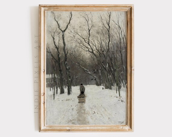 Winter Wall Art Vintage Oil Painting Moody Winter Landscape Art Vertical Rustic Cottage Winter Decor Farmhouse Decor