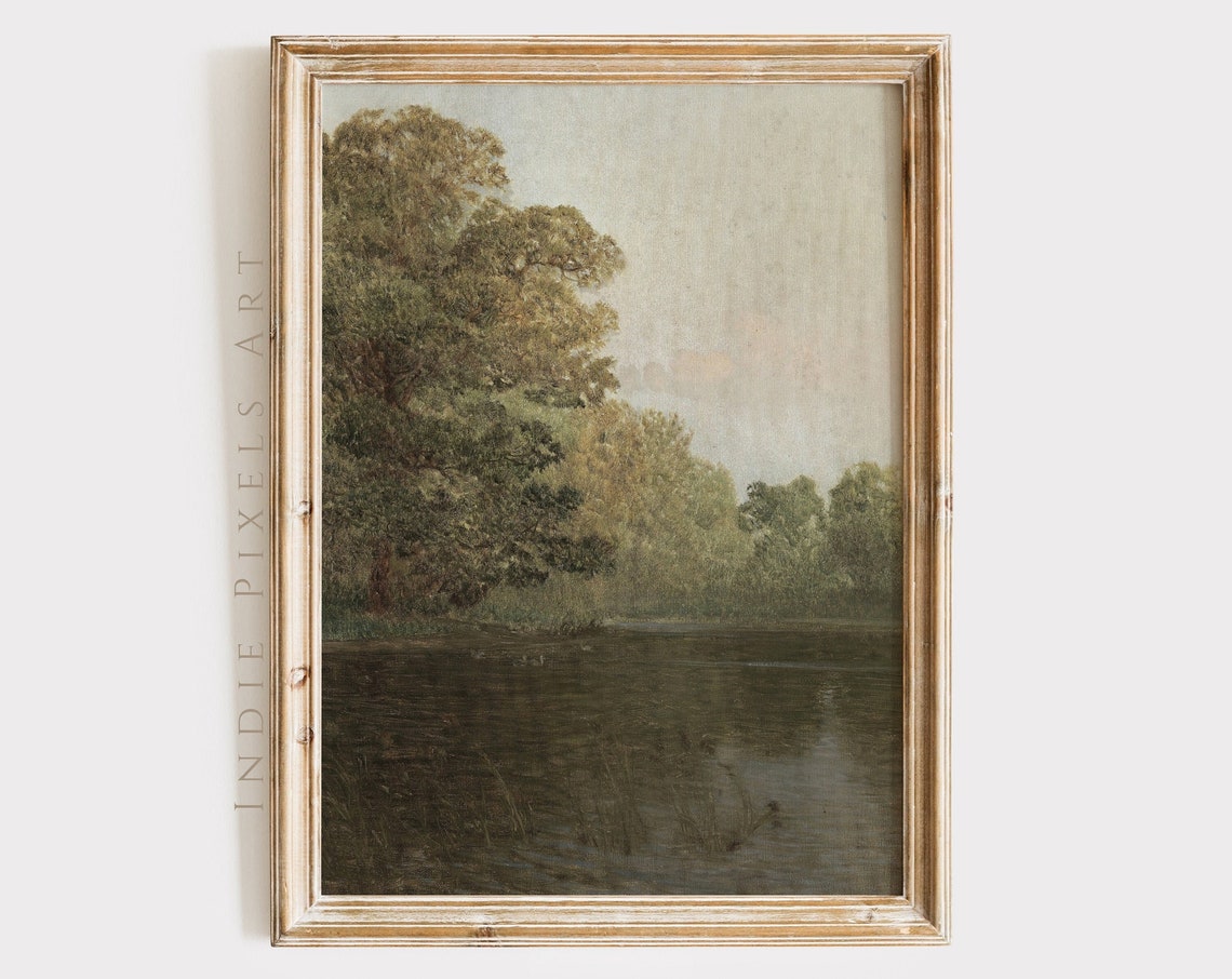 Moody Tonal River with Overhanging Trees Vintage Landscape Print