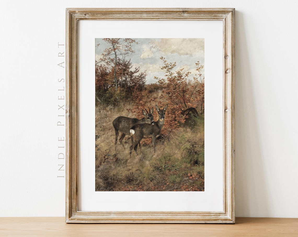 Vintage Roe Deer Pair Autumn Woodland Wildlife Oil Painting Art Print
