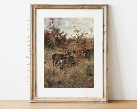 Vintage Roe Deer Pair Autumn Woodland Wildlife Oil Painting Art Print