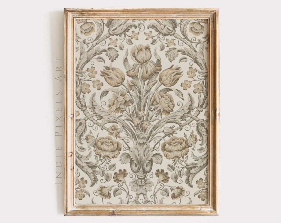 Vintage Beige Floral Damask Textile Pattern Tapestry Wall Art