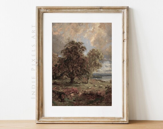 Autumn Pasture Sheep Trees Lake Vintage Countryside Landscape Poster