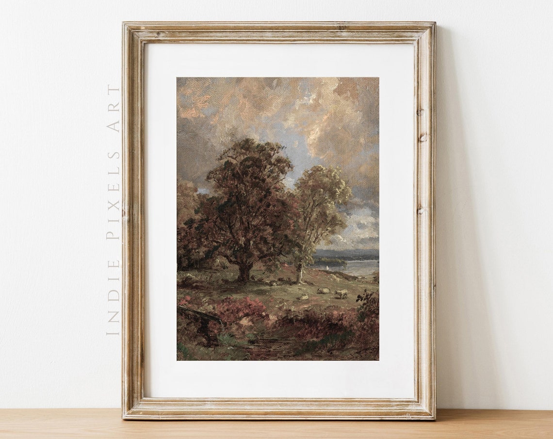 Autumn Pasture Sheep Trees Lake Vintage Countryside Landscape Poster