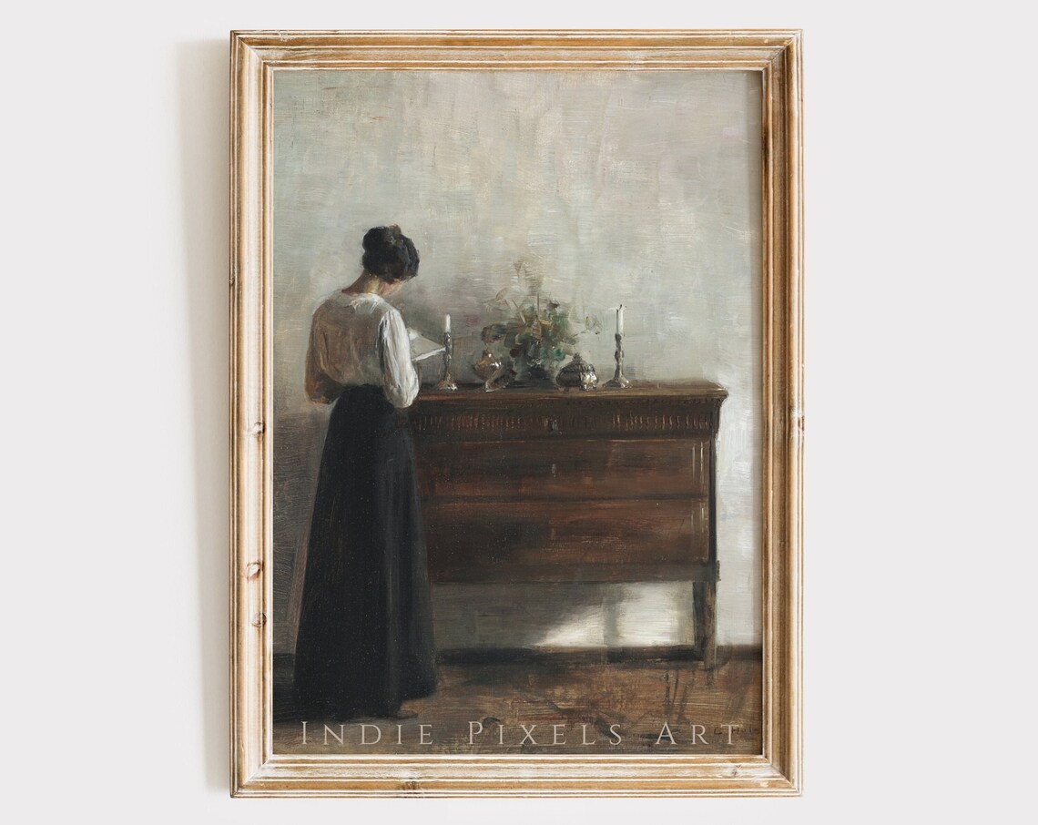 Vintage Woman Reading at Dresser Quiet Interior Painting Wall Art