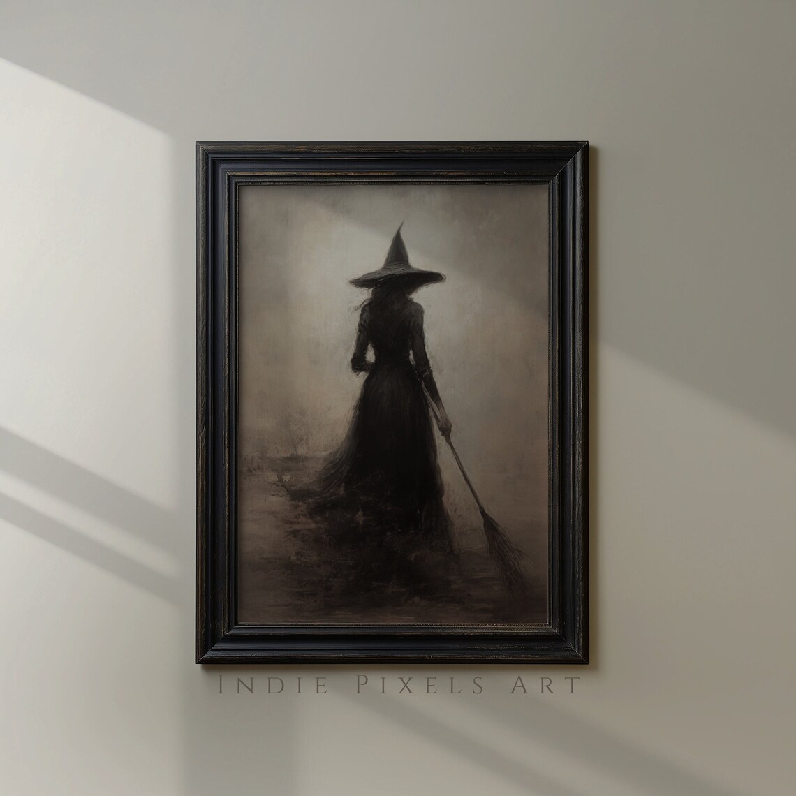 Witch Silhouette Broom Foggy Night Gothic Halloween Moody Art Poster