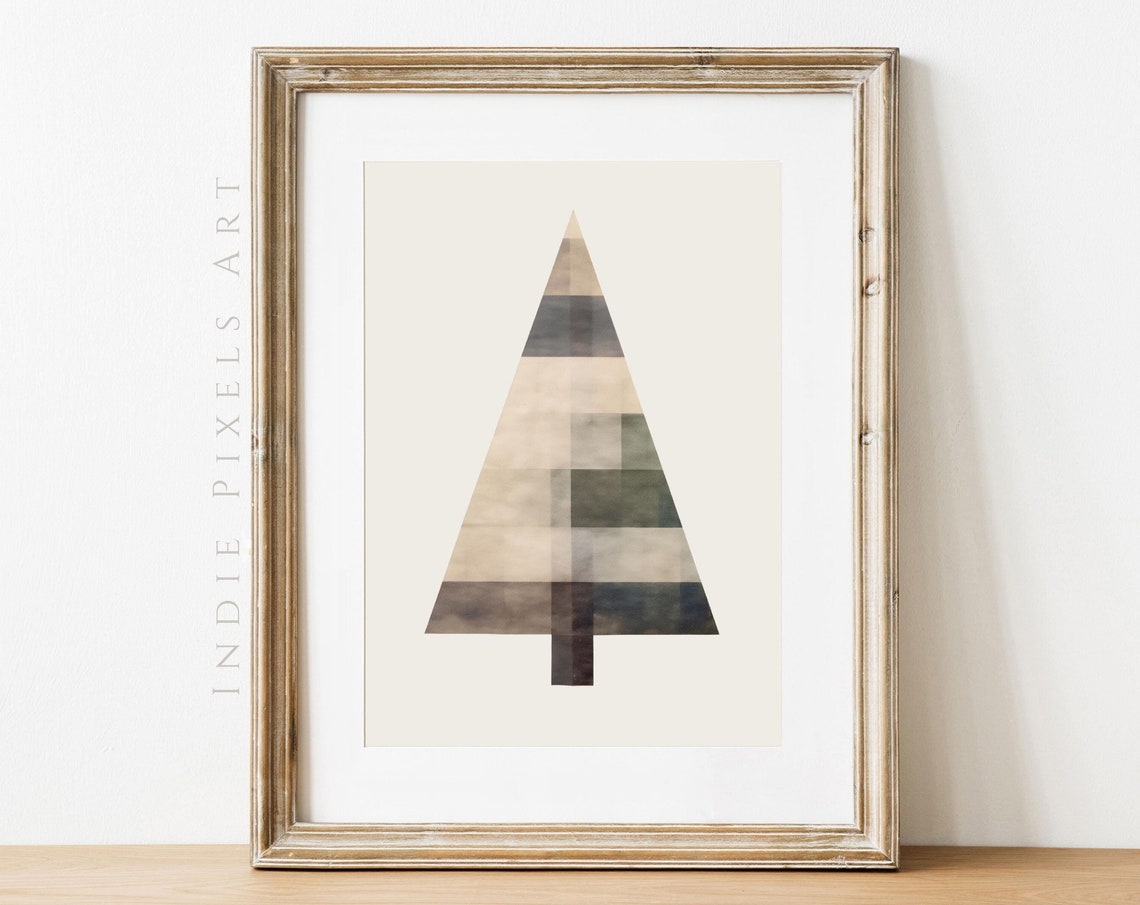 Modern Geometric Patchwork Christmas Tree Neutral Holiday Art Print