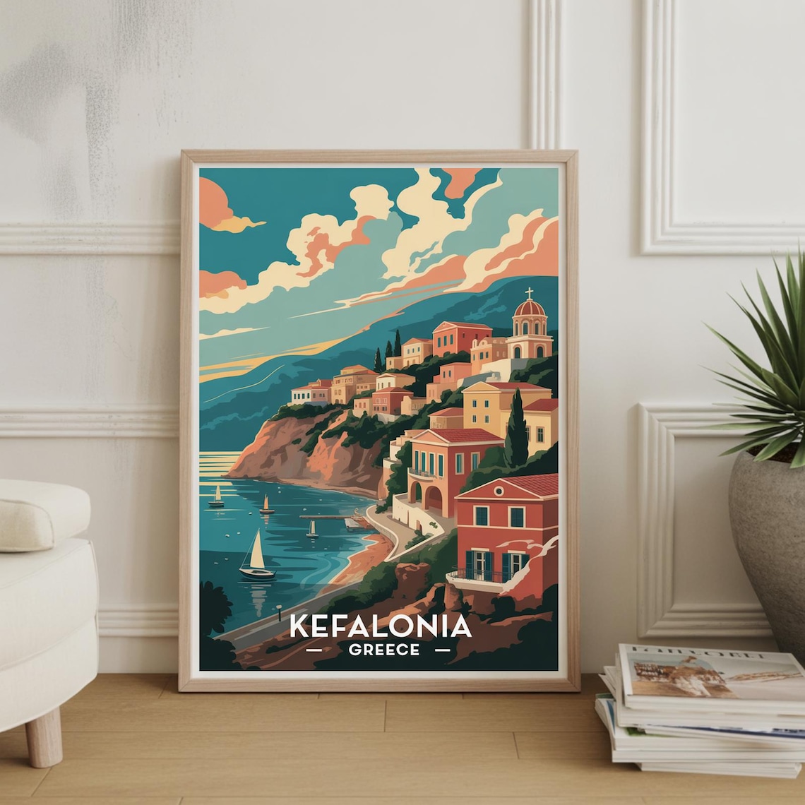 Kefalonia Greece Travel Poster Red Rooftop Coastal Town View