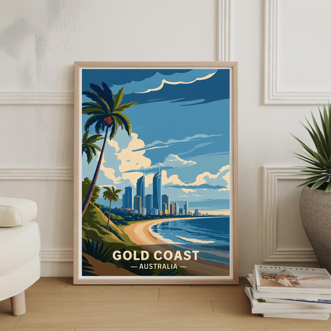 Gold Coast Australia Beach City Skyline Sunset Retro Travel Poster