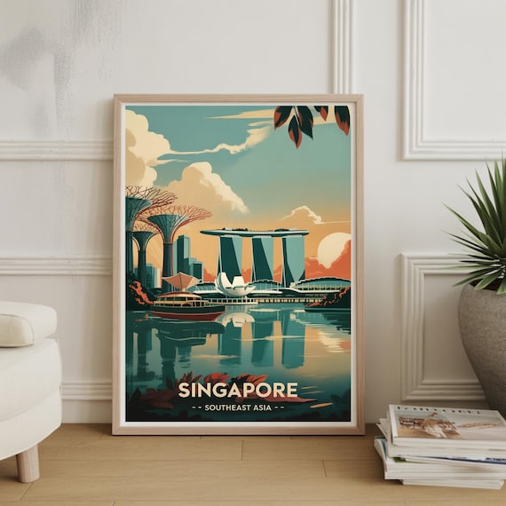 Singapore Marina Bay Skyline Supertree Retro Sunset Travel Poster