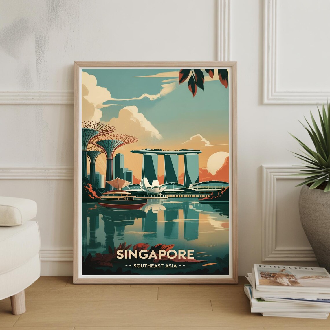 Singapore Marina Bay Skyline Supertree Retro Sunset Travel Poster
