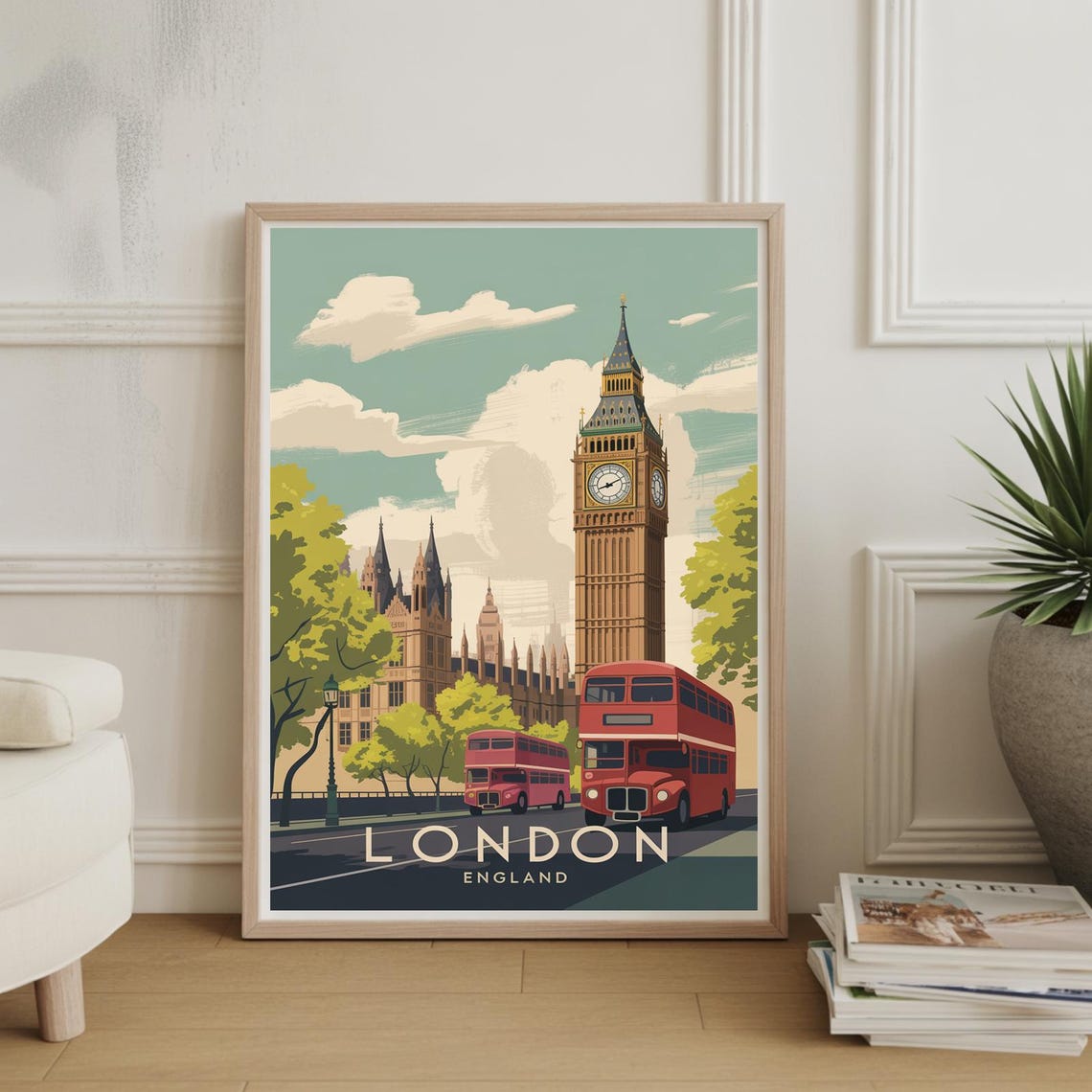 London Big Ben Red Double Decker Bus Retro England Travel Poster