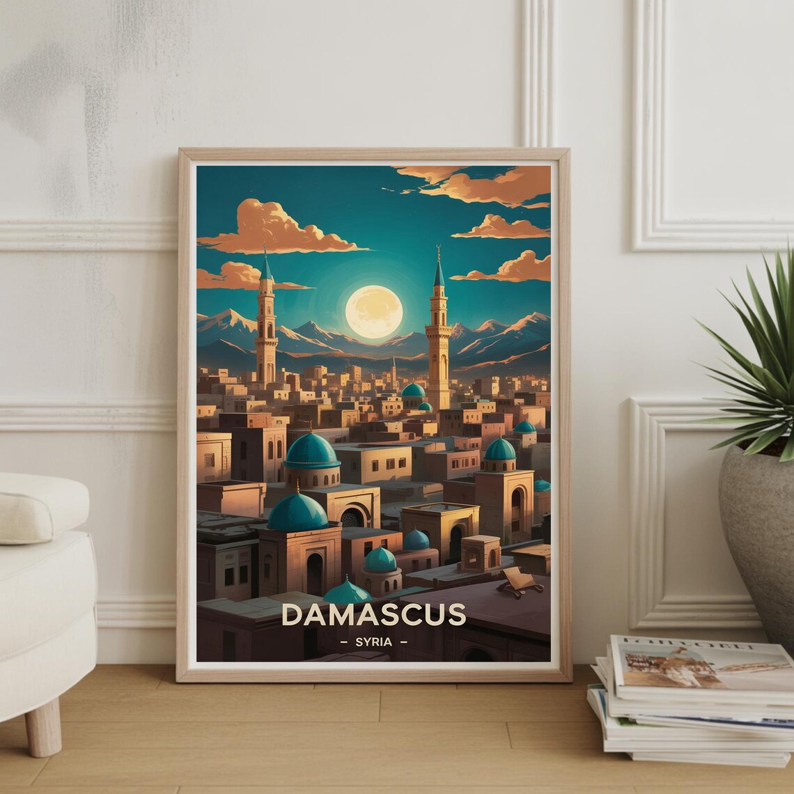 Damascus Syria Old Town Minarets Moonlight Vintage Travel Poster