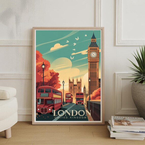 London Big Ben Red Bus Autumn Street United Kingdom Art Poster
