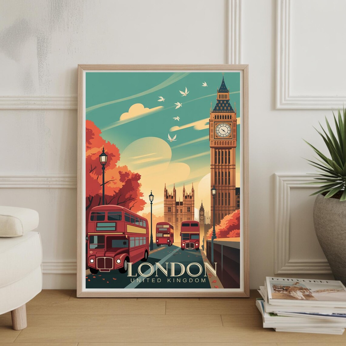 London Big Ben Red Bus Autumn Street United Kingdom Art Poster