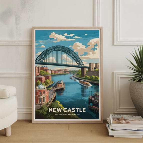 Newcastle Travel Poster United Kingdom Cityscape Art Personalized Home Decor Unique Wedding Birthday
