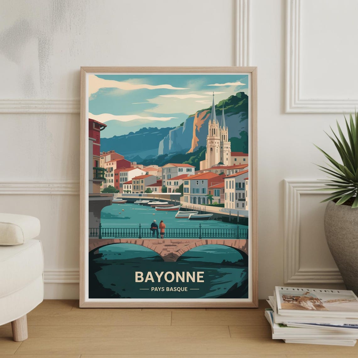 Bayonne Pays Basque Riverfront Cathedral Vintage Travel Poster