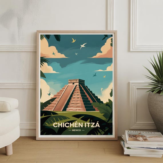 Chichn Itz Travel Poster Mexico Landmark Art Cancun Wall Decor Calakmul Adventure Unique Birthday Or Wedding Gift