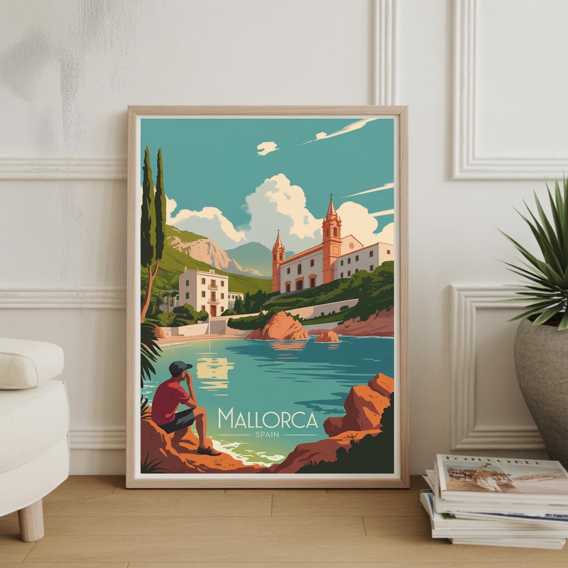 Mallorca Spain Coastal Cove Church Vintage Travel Poster Artwork