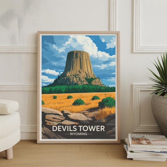 Devils Tower Wyoming National Landmark Vintage Travel Poster