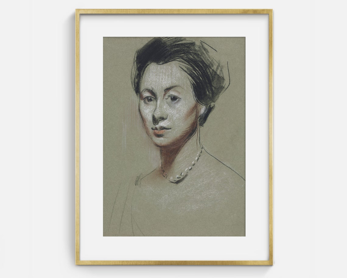 Woman With Pearl Necklace Charcoal Sketch Vintage Portrait Poster - Image 2