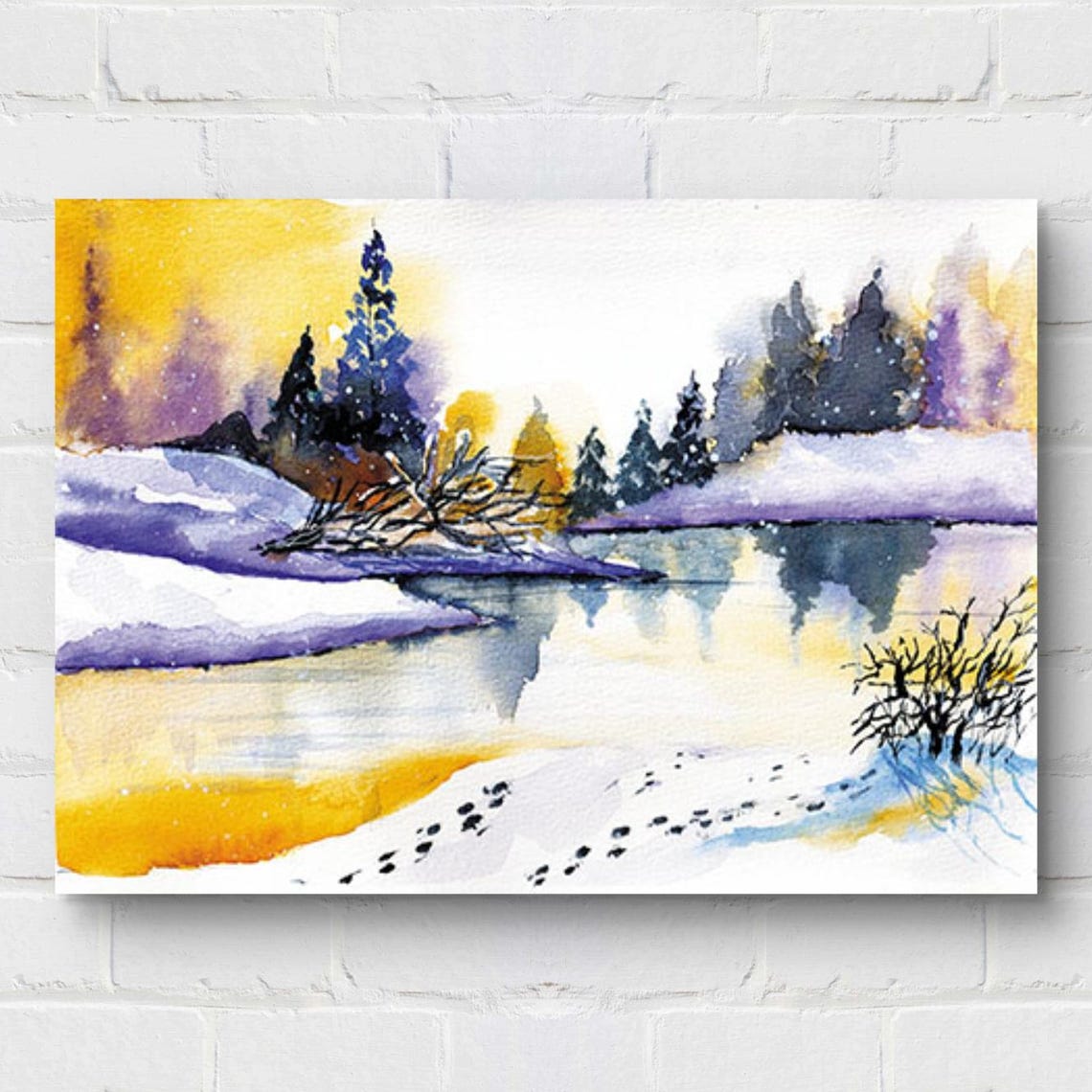 Serene Winter Lake Watercolor Snowy Pine Forest Landscape Print