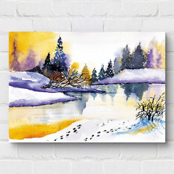 Vintage Winter Lake Watercolor Art Printsnowy Forest Landscape