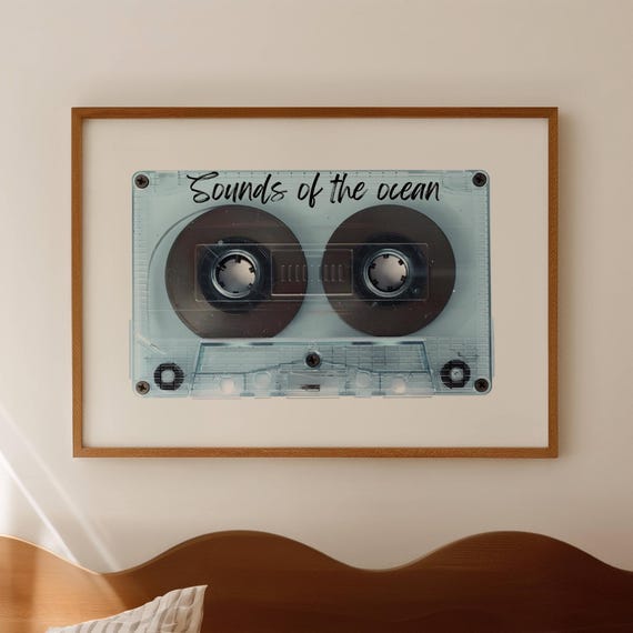 Retro Blue Cassette Tape Wall Art Sounds Of The Ocean Quote Poster Vintage Mix Trendy Minimalist Typography Above Bed Print