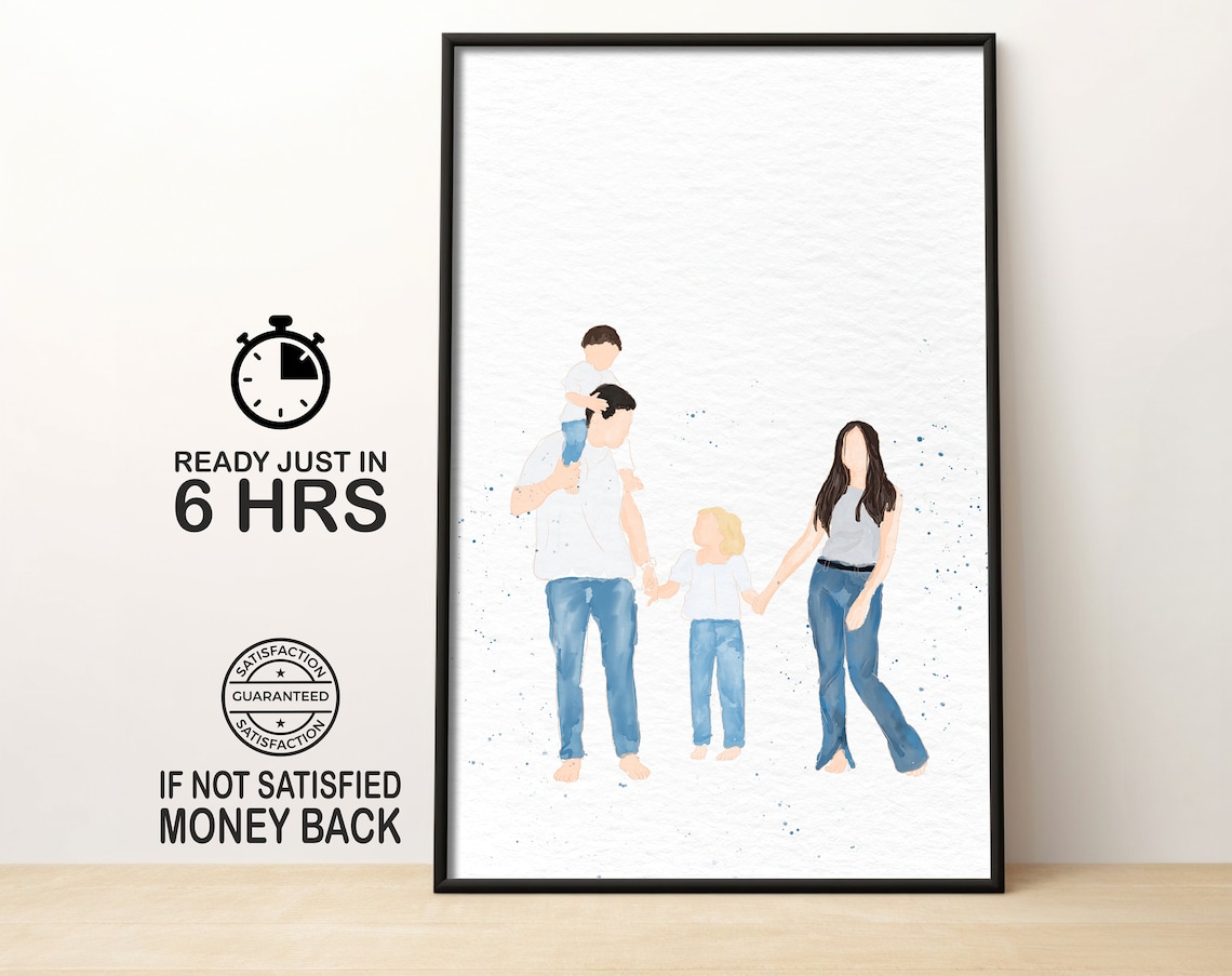 Faceless Watercolor Family Of Four Holding Hands Minimal Poster