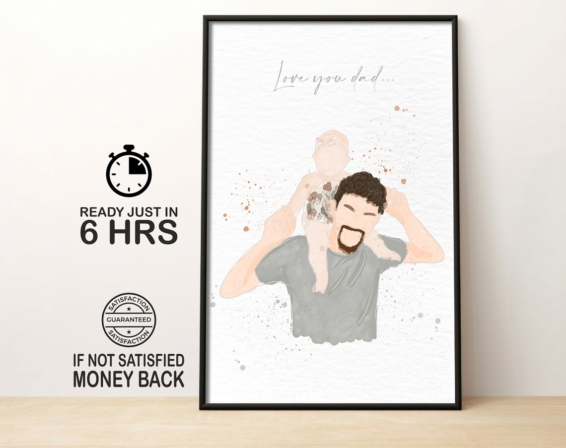 Love You Dad Watercolor Father With Baby On Shoulders Portrait Poster