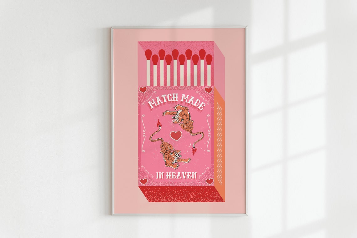 Match Made In Heaven Pink Matchbox Tiger Retro Quote Art Poster - Image 4