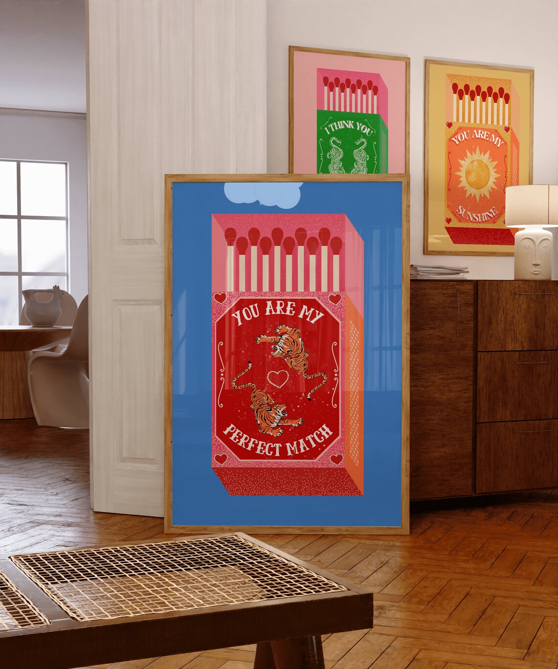 Retro Tiger Matchbox Print Vintage Pink Wall Decor