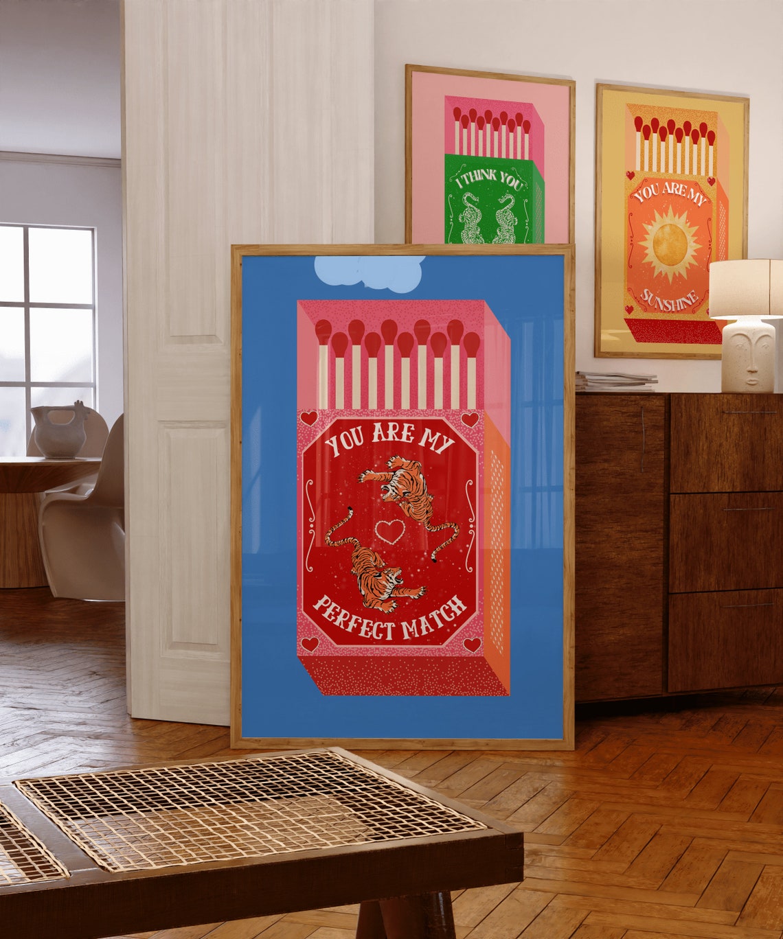 You Are My Perfect Match Red Tiger Matchbox Retro Blue Wall Art