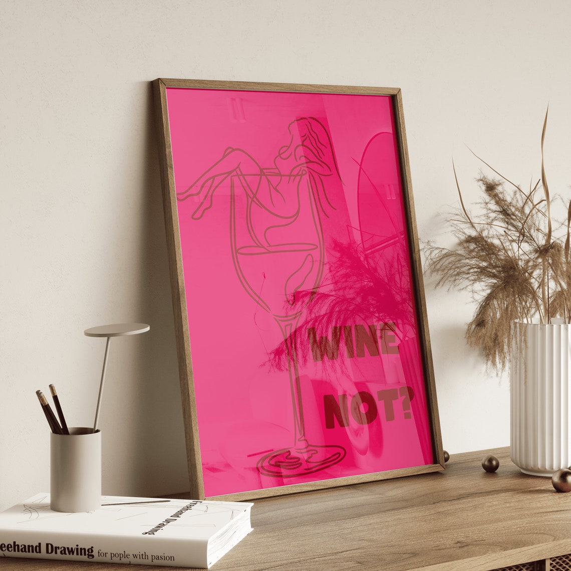 Wine Not Hot Pink Giant Wine Glass Line Art Funny Kitchen Poster - Image 3