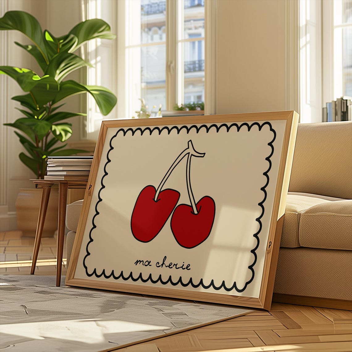 Ma Cherie Cherry Hand Drawn Retro Red Fruit French Kitchen Poster