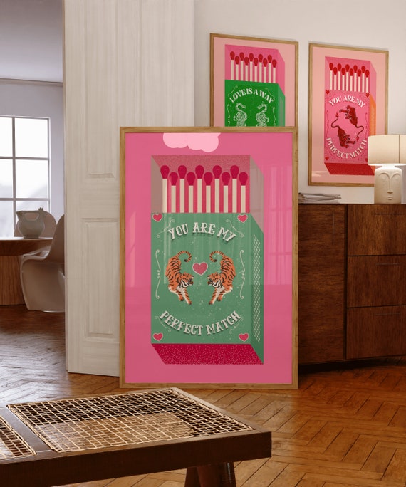 Retro Tiger Matchbox Print, Vintage Pink Art