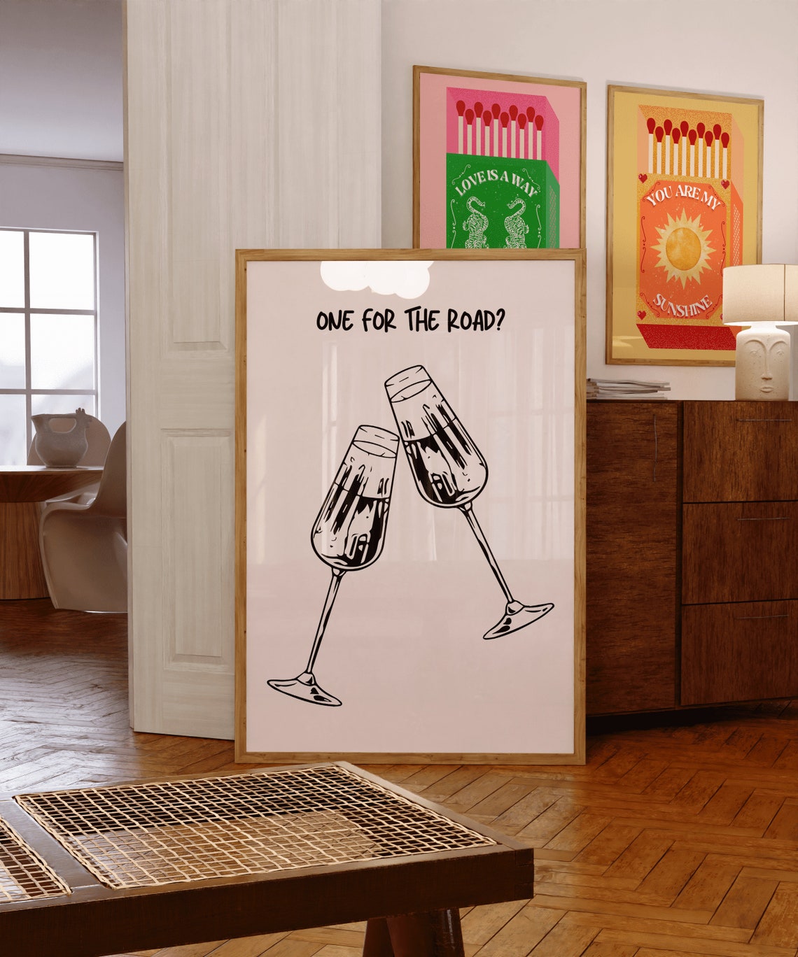 One for the Road Champagne Glasses Minimalist Bar Quote Poster