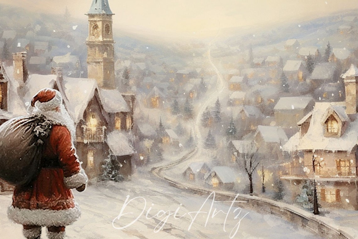 Santa Claus Walking Through Snow Toward A Village At Dusk Poster - Image 6