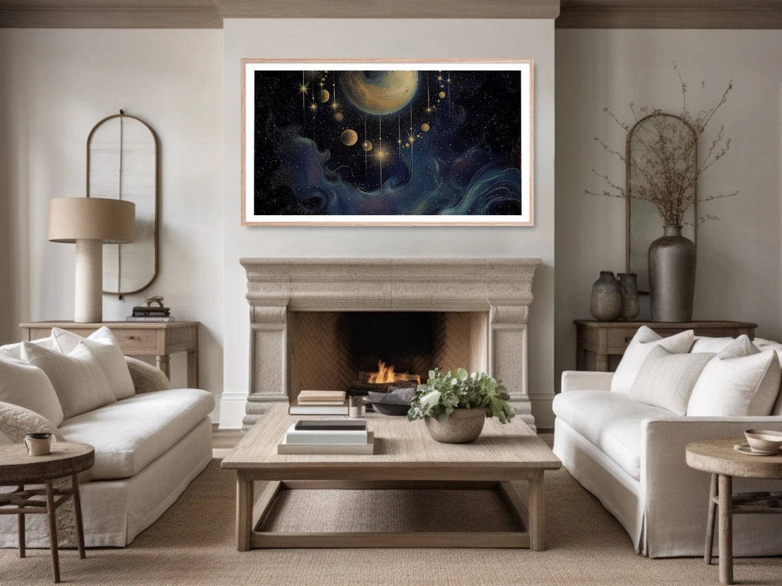 Golden Moon And Planets Celestial Night Sky Star Painting Poster - Image 3