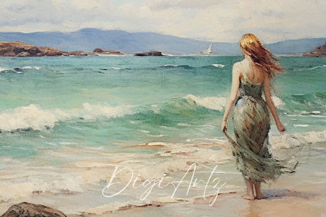 Woman Walking Into Turquoise Sea Coastal Castle Seascape Art Poster - Image 6