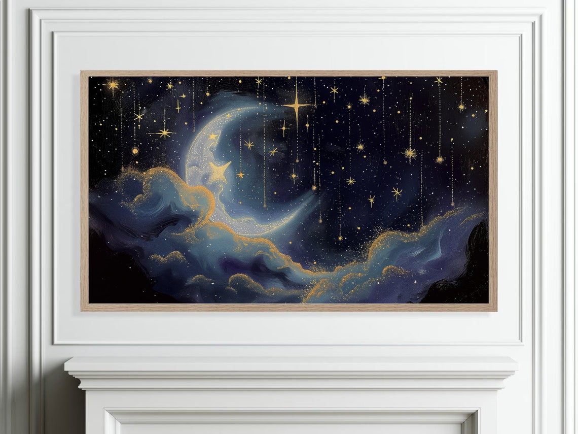 Crescent Moon Hanging Gold Stars Celestial Night Sky Painting Poster - Image 5