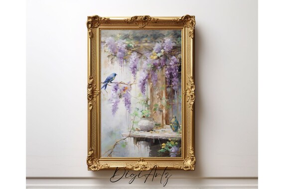 Bluebird Wisteria Garden Tea Table Watercolor Cottage Wall Poster