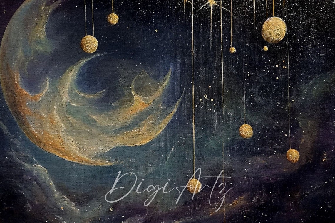 Crescent Moon Hanging Golden Orbs Gothic Celestial Painting Poster - Image 6